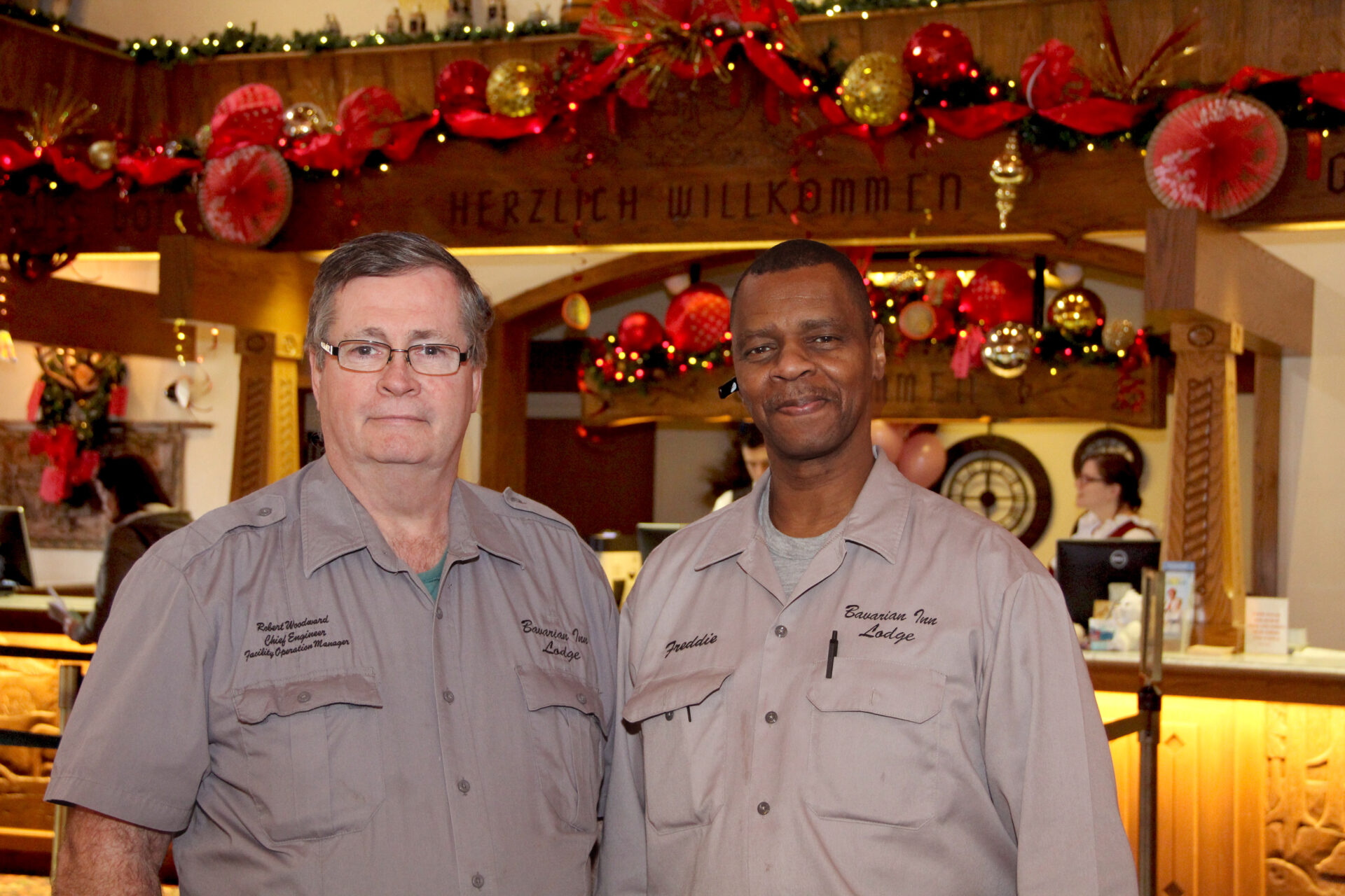 2 Maintenance Staff of the Bavarian Inn Lodge pose for a picture
